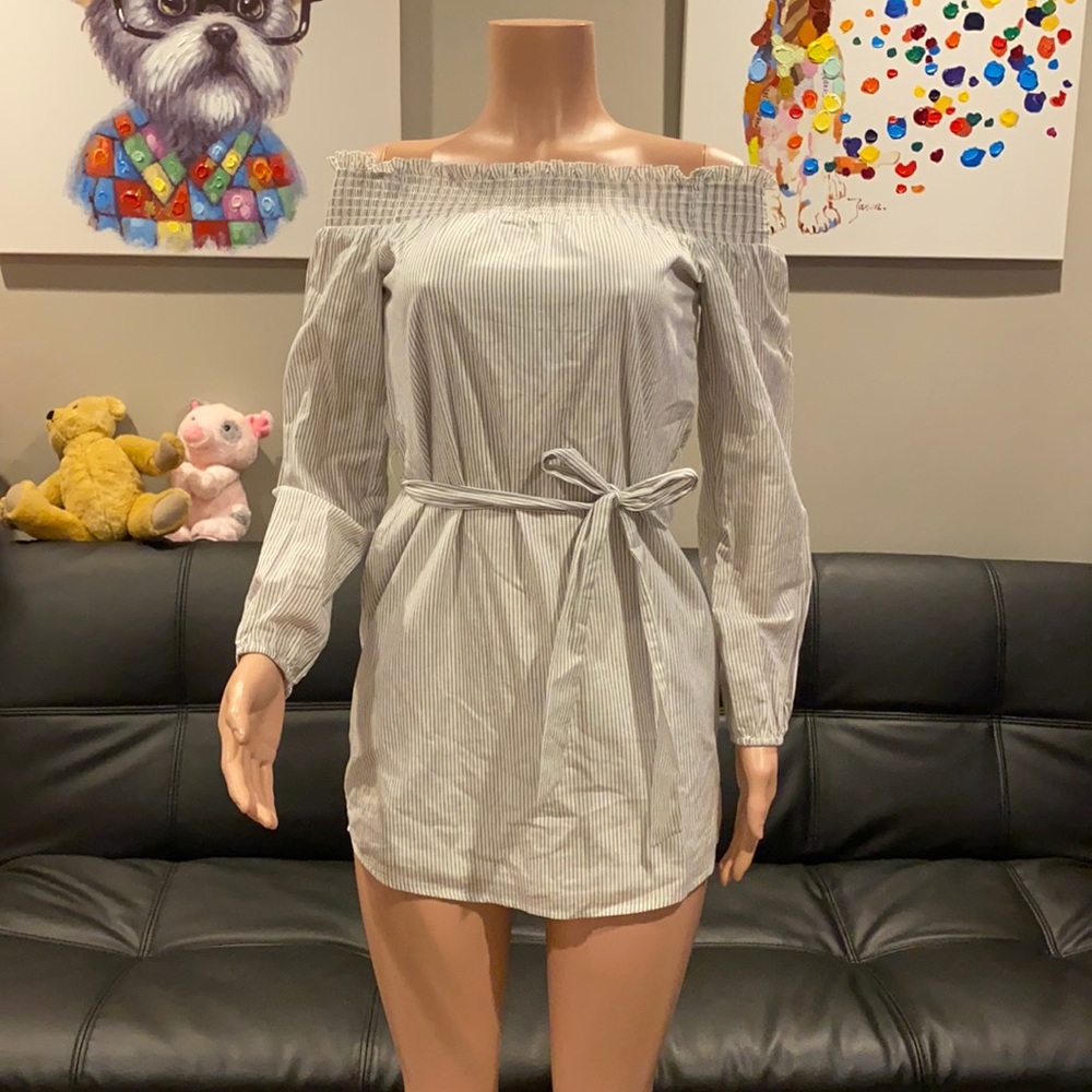 Express Blue Pinstripe Off Shoulder Smocked Tie Mini Dress XS Preppy